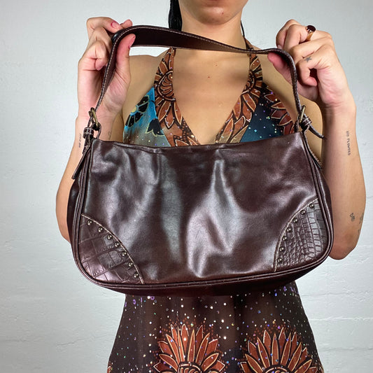 Vintage 2000's Cowgirl Brown Leather Shoulder Bag with Crocodile Effect Metal Pieces Decorated Details