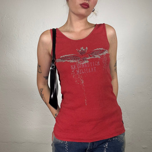 Vintage 2000's Grunge Red Tank Top with Eagle and ‚Aeronautica Militare‘ Print (M)
