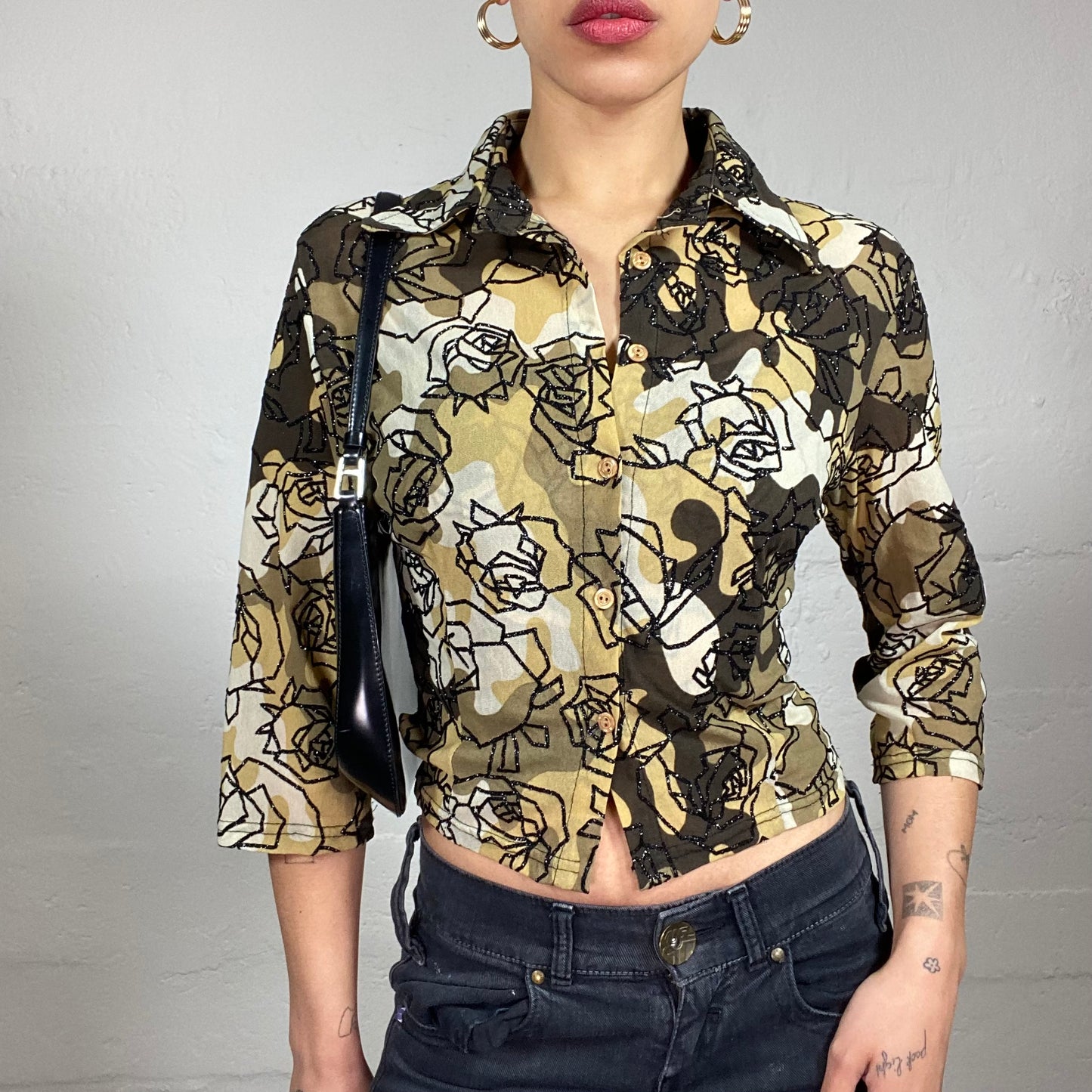 Vintage 2000's Romantic Bundle Button Up Shirt and Cami Top in Brown Tine with Black Glitter Rose Print (S/M)