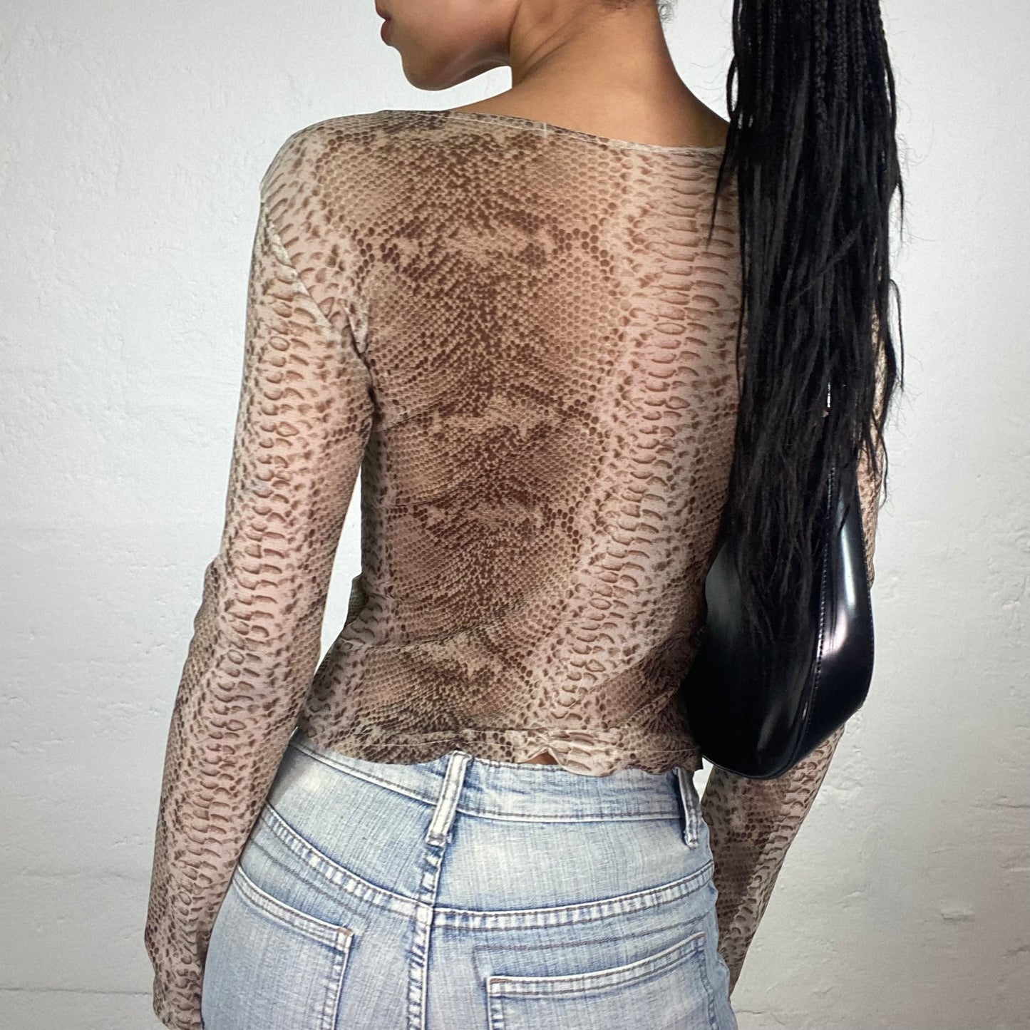 Vintage 2000’s Glamorous Mesh See Through Brown Toned Snake Skin Printed Longsleeve Top (L)