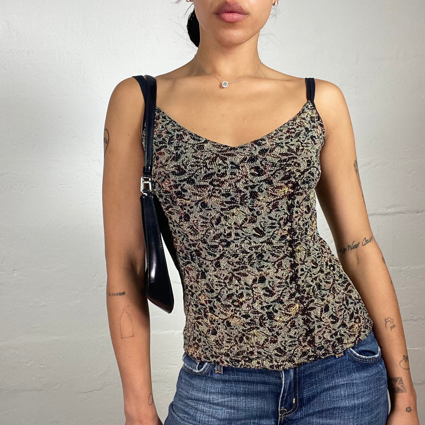 Vintage 2000's Summer Hippie Mini Floral Printed Shiny Cami Top with Button Row Detail (L)