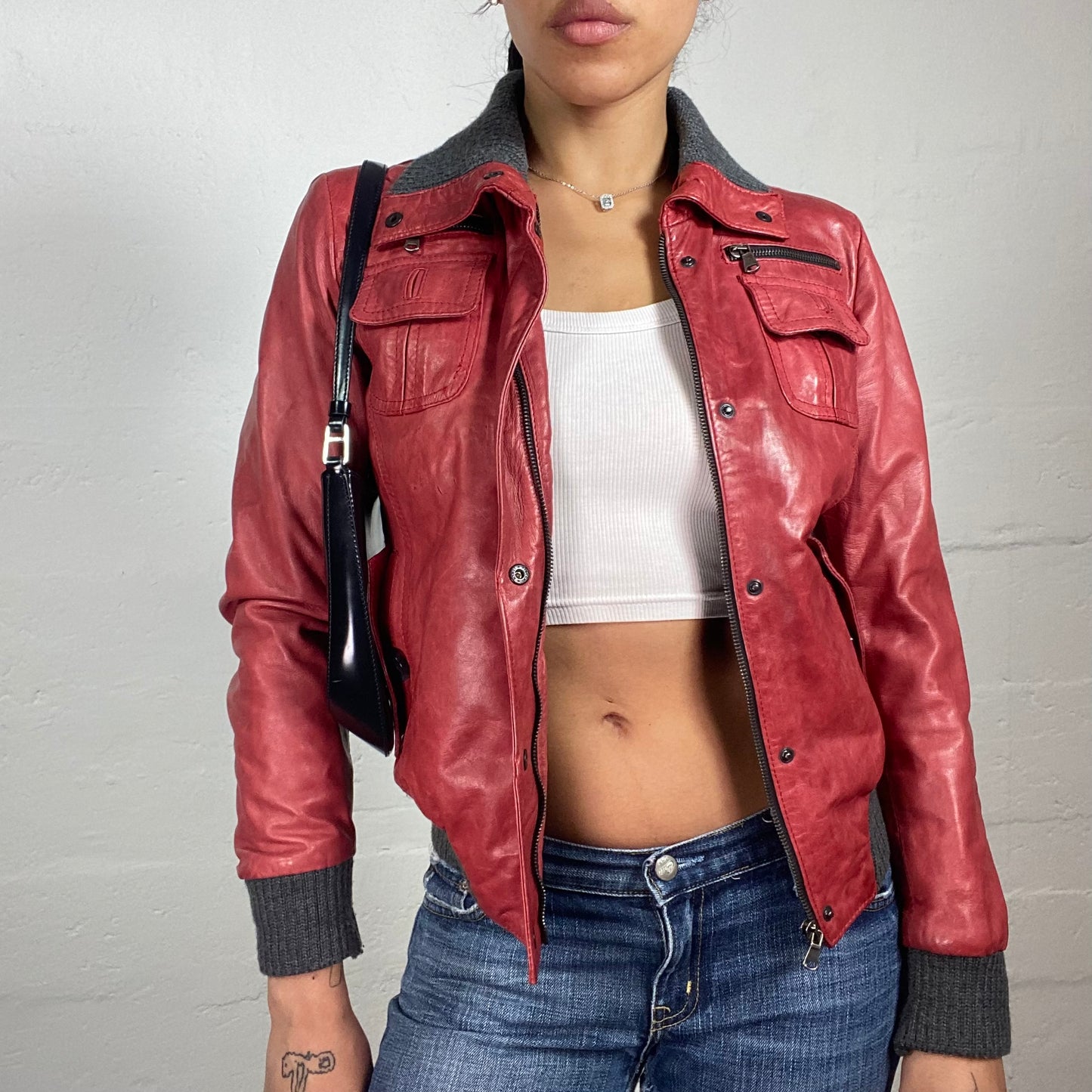 Vintage 2000's Leonardo Biker Girl Red Leather Hidden Zip Up Jacket with Grey Trim (S)