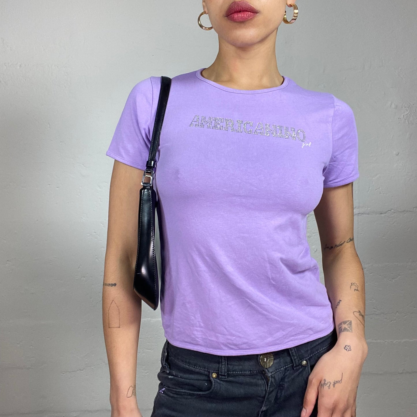 Vintage 2000's Glam Americanino Girl Rhinestone Embroidery Purple Baby Tee (M)