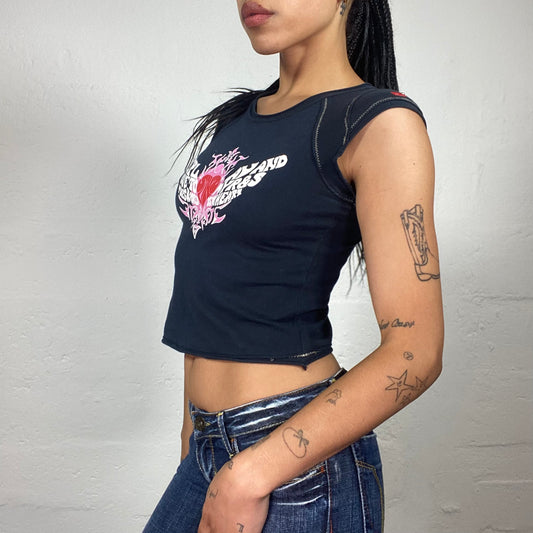Vintage 2000's Skater Girl Navy Blue Cropped Tank Top with White Pink and Red Heart and Typo Print (S/M)