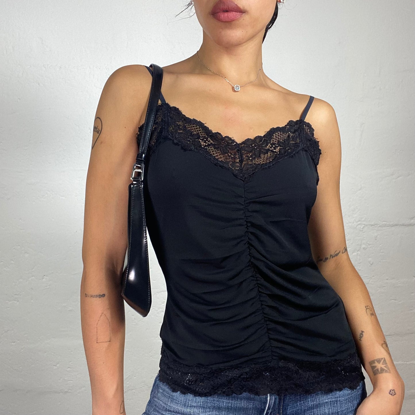 Vintage 2000's Dark Coquette Black Rubbed Cami Top with Lace Trim (M)