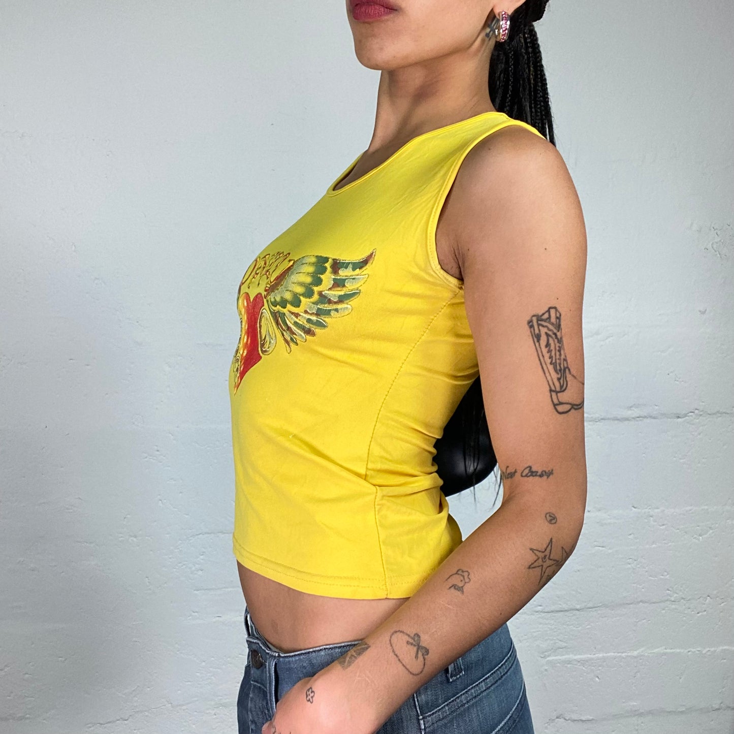 Vintage 2000's Summer Girl Yellow Tank Top with Winged Heart Print (S)