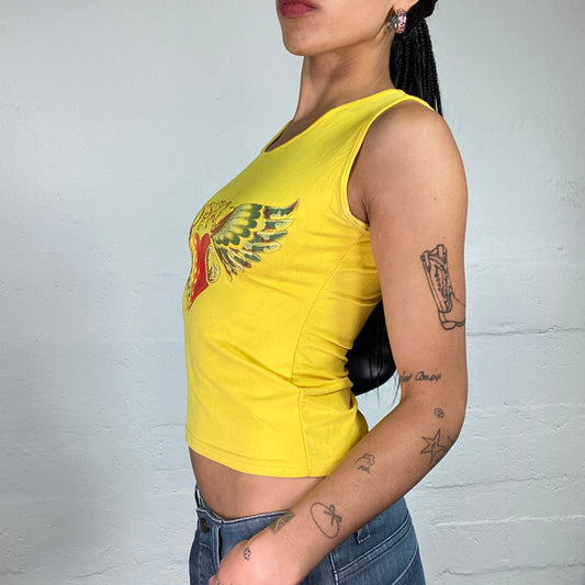 Vintage 2000's Summer Girl Yellow Tank Top with Winged Heart Print (S)
