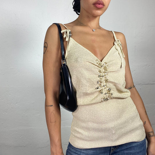 Vintage 2000's Glamorous Creamy Gold Shine Jersey Cami Top with Shoulder Bindings and Pearls Detail (L)