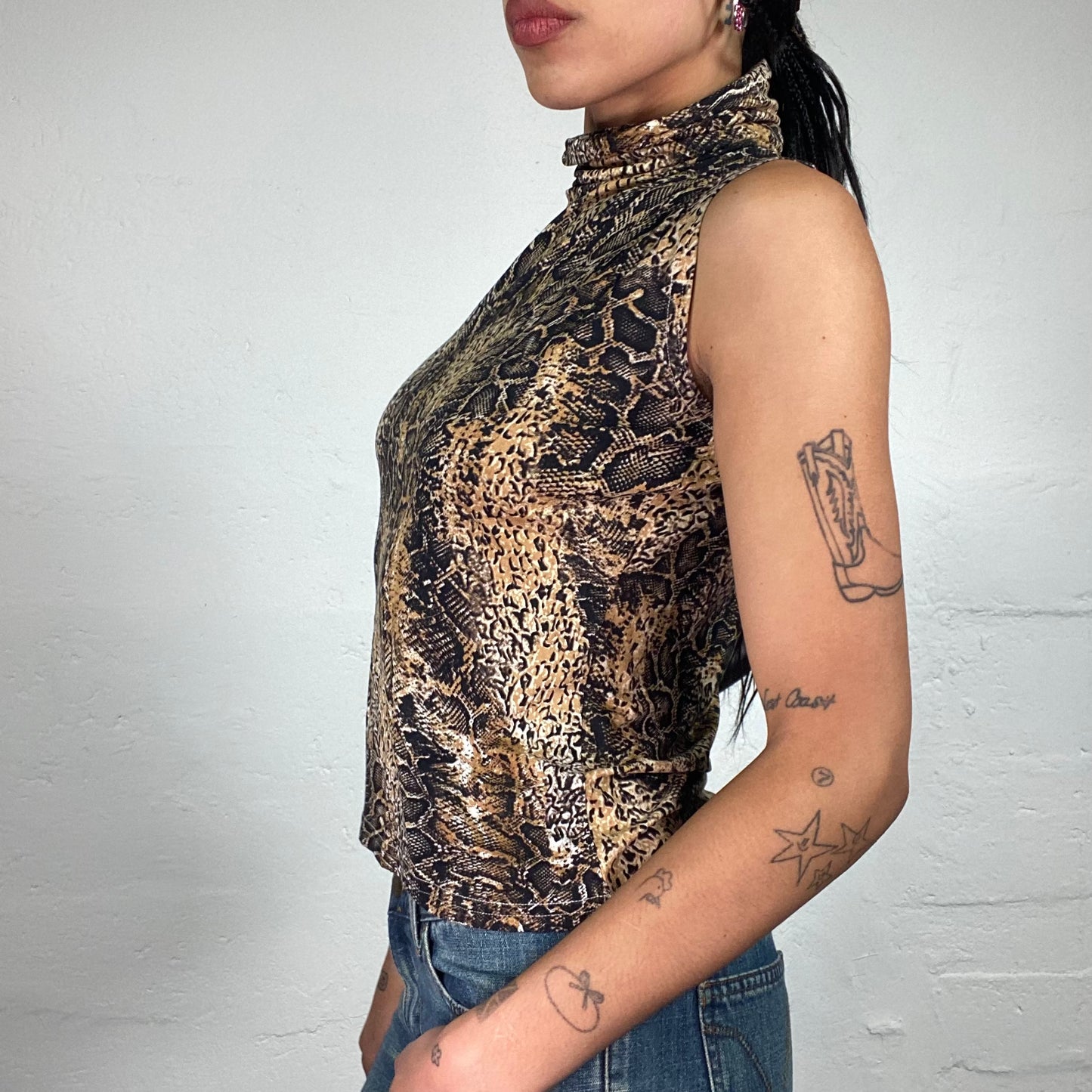 Vintage 2000's Glamorous Brown Toned Leo Print Shimmer Turtleneck Sleeveless Top (M)