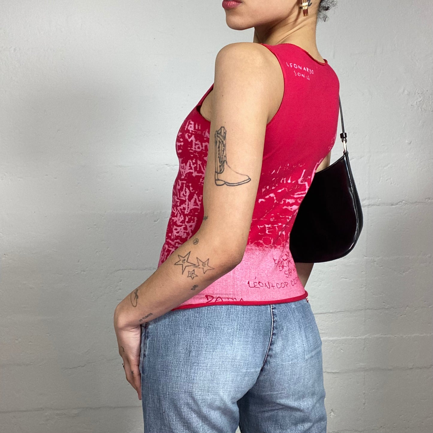 Vintage 2000's Pop Style Red and Pink Tank Top with Typography Print (S)