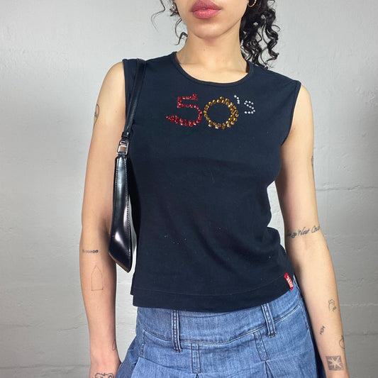 Vintage 2000's Miss Sixty Funky Black Tank Top with Multicoloured Rhinestone 50’s Embroidery (XL)