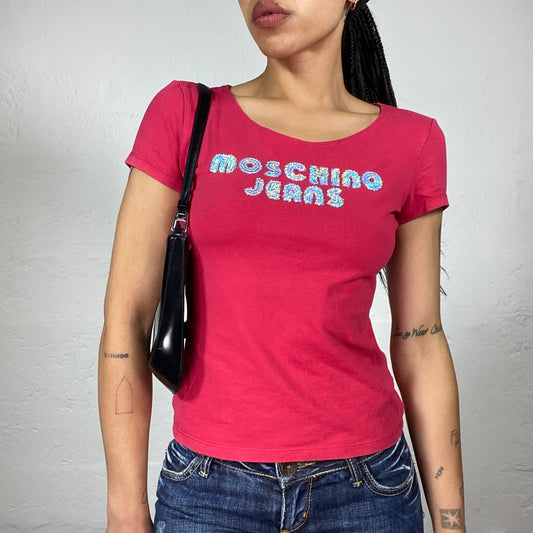 Vintage 2000's Moschino Jeans Cherry Colour Shortsleeved Baby Tee with Blue Logo Embroidery (S)