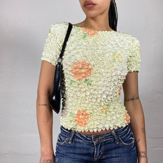 Vintage 2000's Summer Soft Girl Light Yellow 3D Pleat Floral Print Shortsleeved Top (S)