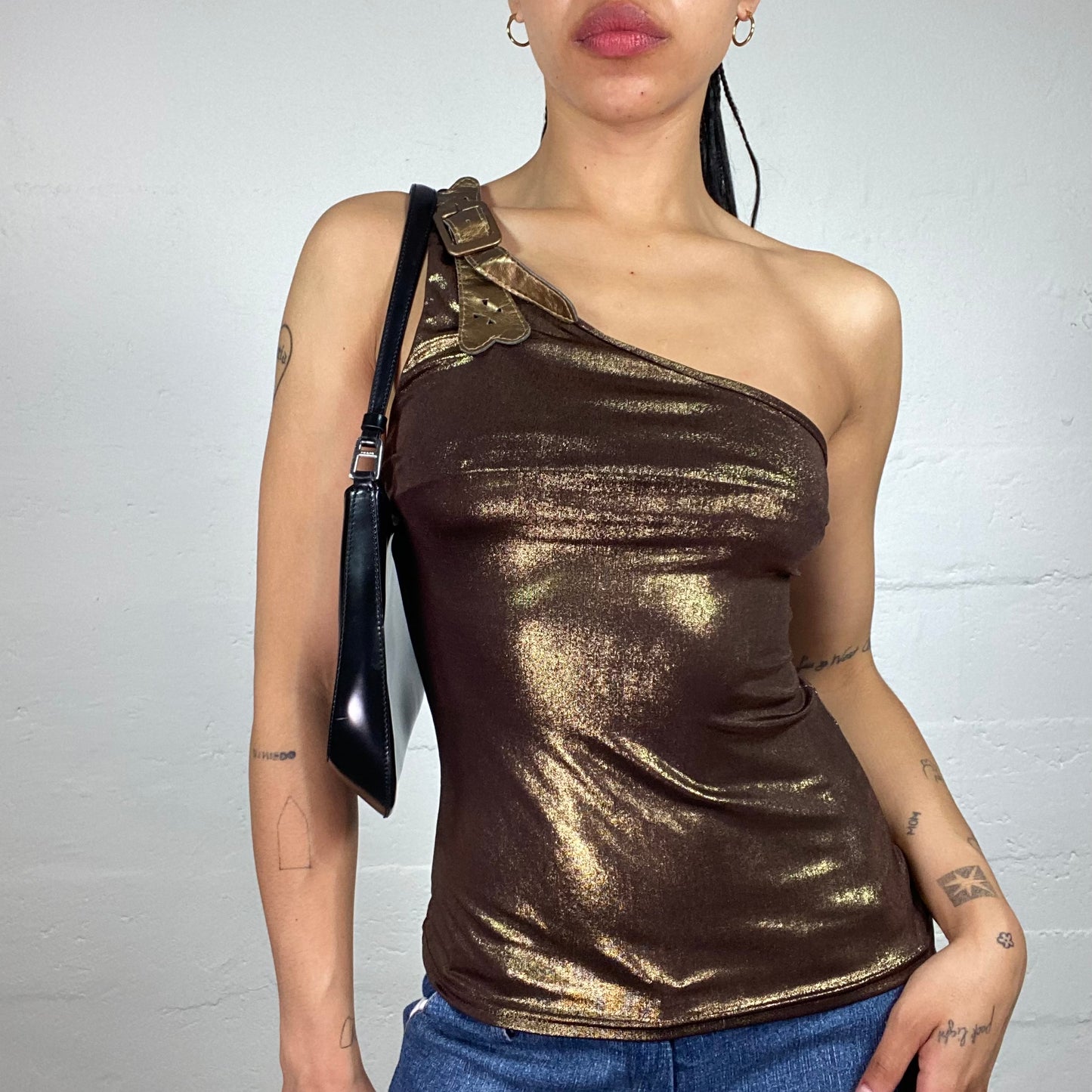 Vintage 2000's Glamorous Bronze Shiny One Shoulder Asymmetric Top with Shoulder Stripe Belt Detail (M)