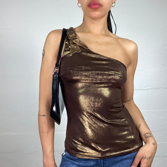 Vintage 2000's Glamorous Bronze Shiny One Shoulder Asymmetric Top with Shoulder Stripe Belt Detail (M)