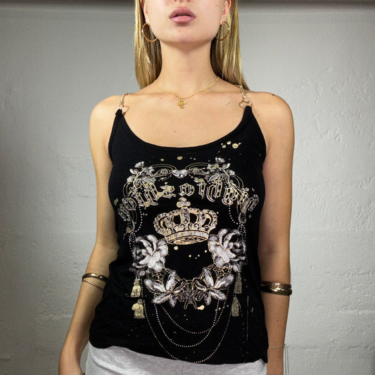 Vintage 2000's Skater Girl Black Top with Gold Crown Print and Gold Chain Straps (M)