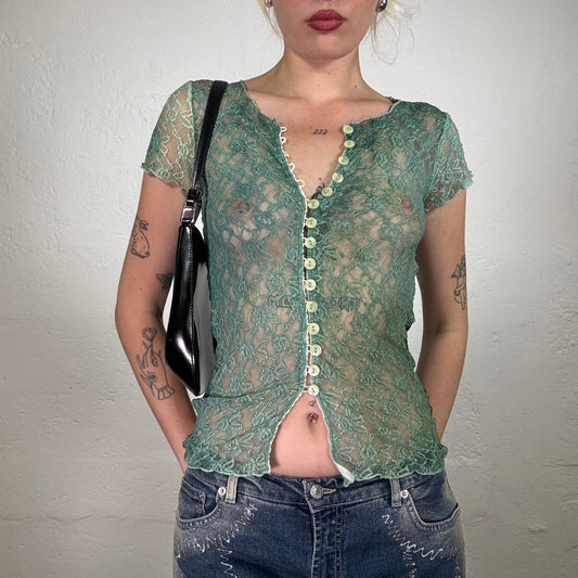 Vintage 2000's Summer Fairy Green Aquamarine Blue Lace Top with Ivory Mini Buttons (M)