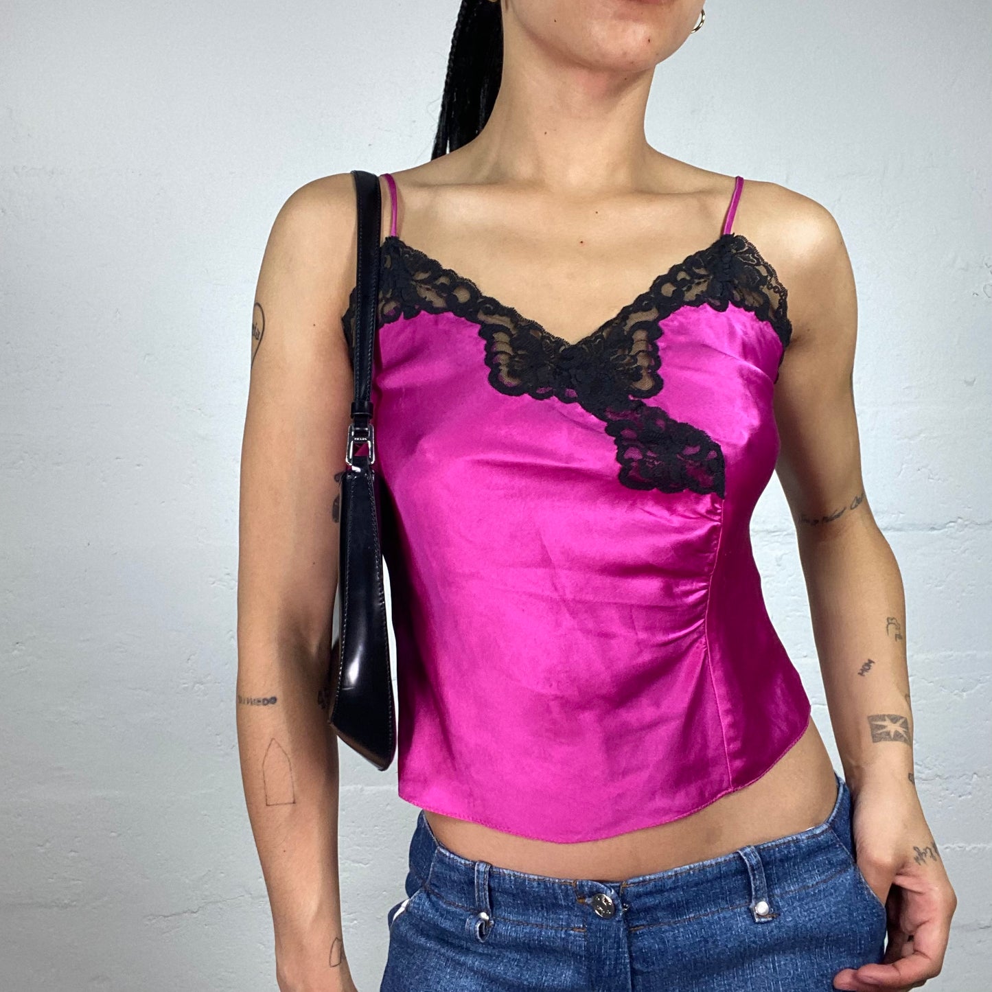 Vintage 2000's Morgan Glamorous Lingerie Style Satin Hot Pink Cami Top with Black Lace Decoration (S)