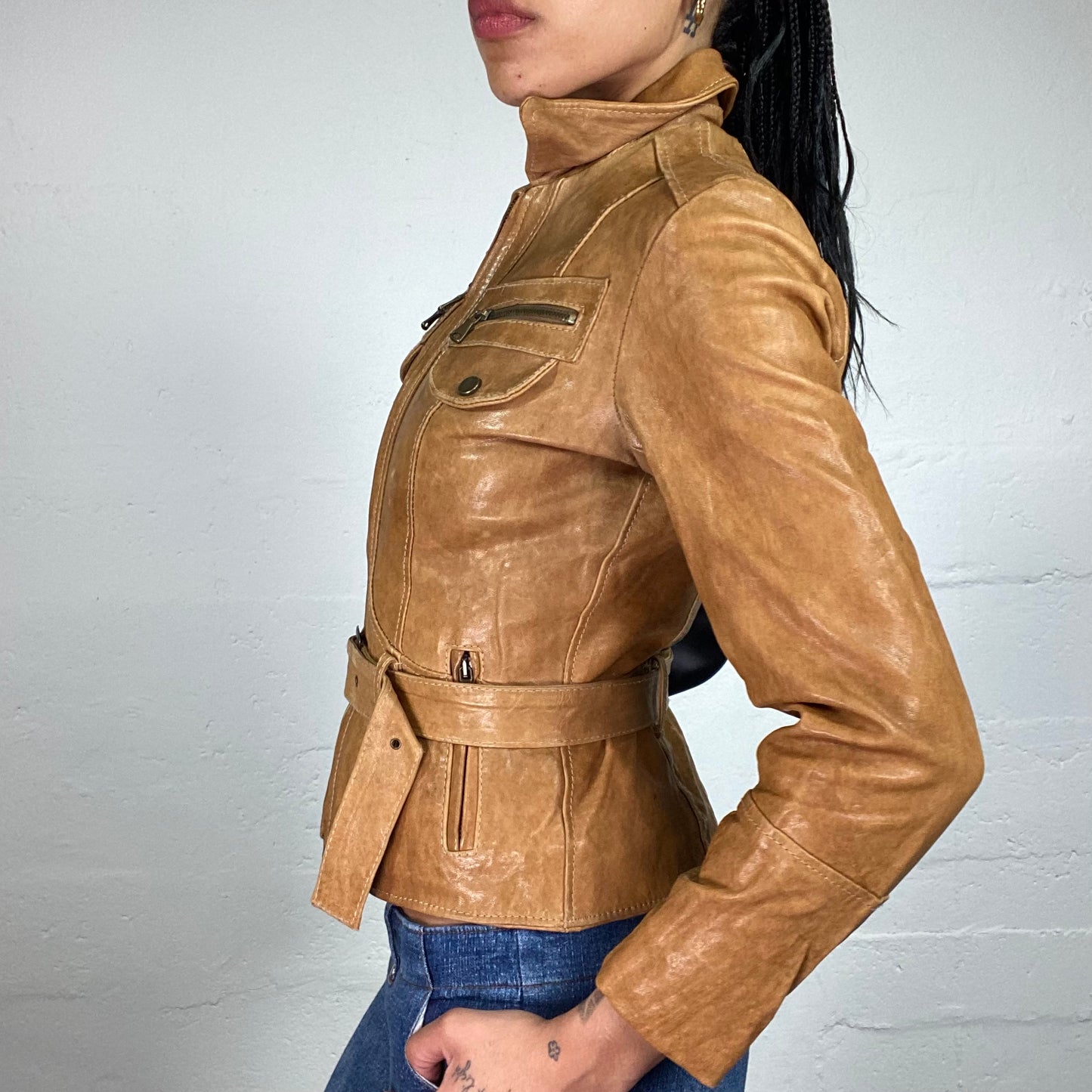 Vintage 2000's Downtown Girl Ginger Brown Leather Zip Up Jacket with Waist Belt Detail (M)