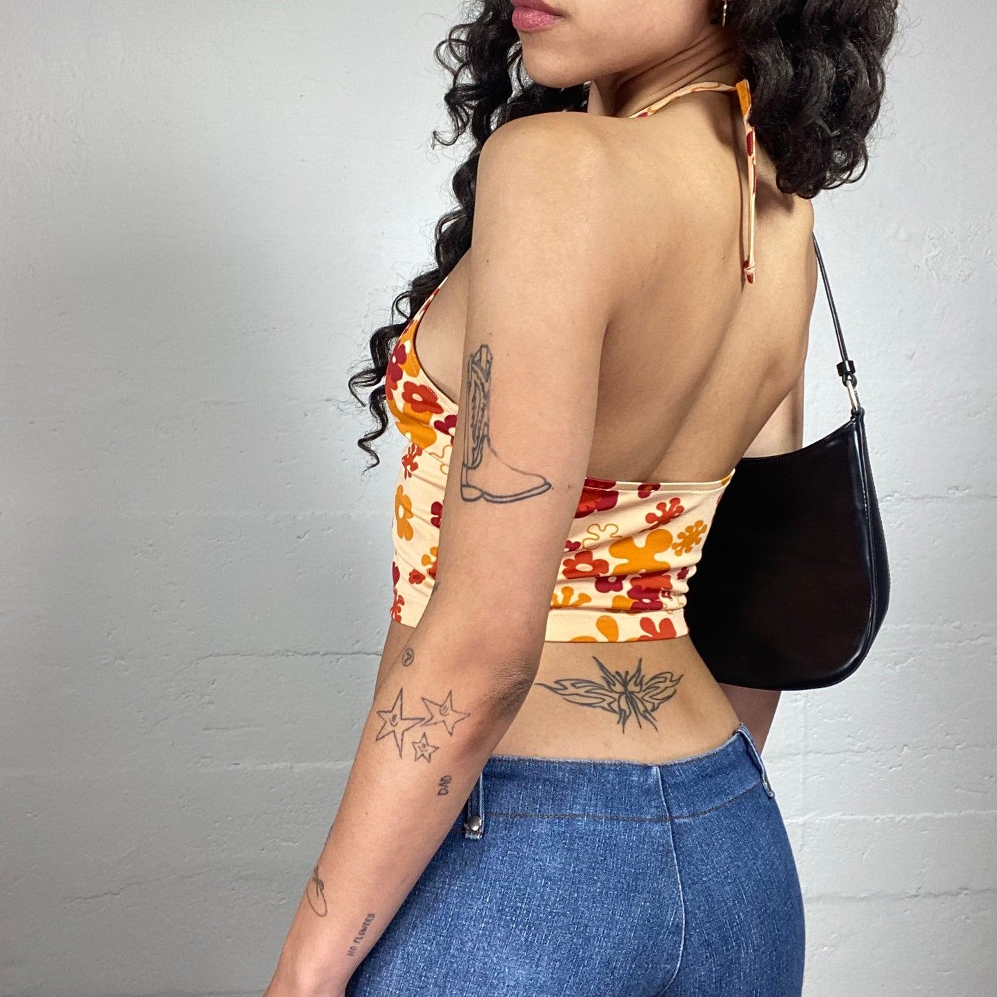 Vintage 2000's Beachwear Summer Cropped Neckholder Top with Red and Orange Floral Print (S)