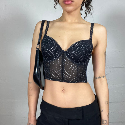 Vintage 2000's Clubwear Black Mesh Cropped Corset Top with Silver Print (S)