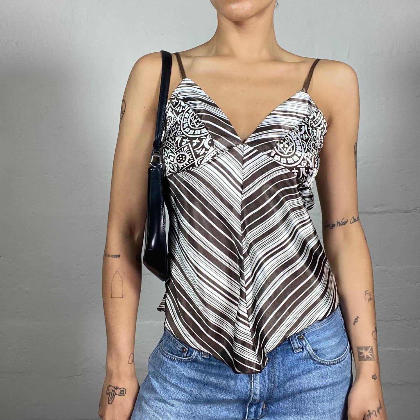 Vintage 2000's Romantic Sheer Striped Cami Top with Boho Style Bra Print (S)