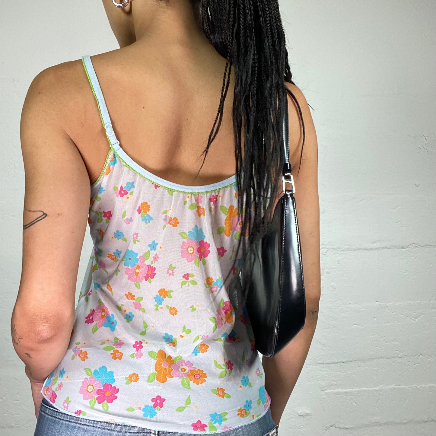 Vintage 2000's Summer Soft Girl White Mesh See Through Cami Top with Blue and Orange Mini Flowers Print (M)