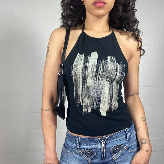 Vintage 2000's Sisley Downtown Girl Black Cropped Neckholder Top with White Paint Print (S)