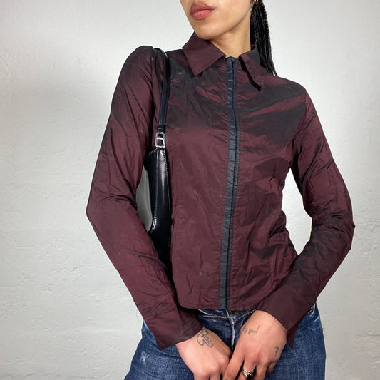 Vintage 2000's Downtown Girl Dark Burgundy Zip Up Longsleeve Collared Top (S)