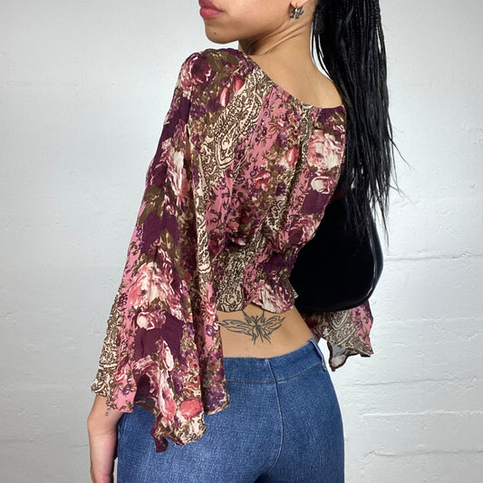 Vintage 2000's Soft Girl Boho Pink and Brown Printed Flare Sleeves Flowy Top (M)