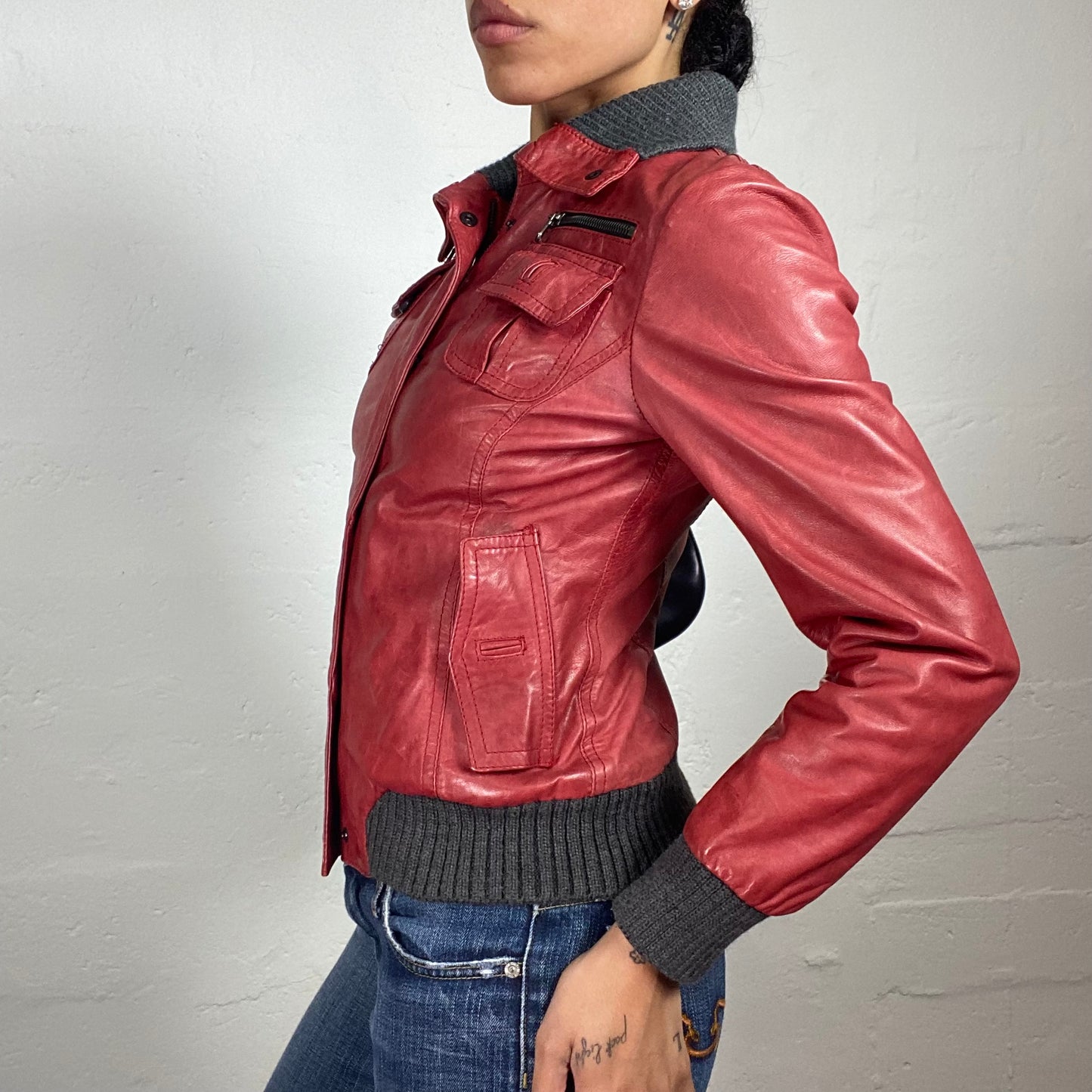 Vintage 2000's Leonardo Biker Girl Red Leather Hidden Zip Up Jacket with Grey Trim (S)