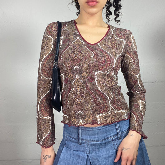 Vintage 2000's Boho Girl V-Neck Printed Longsleeve Top (S)