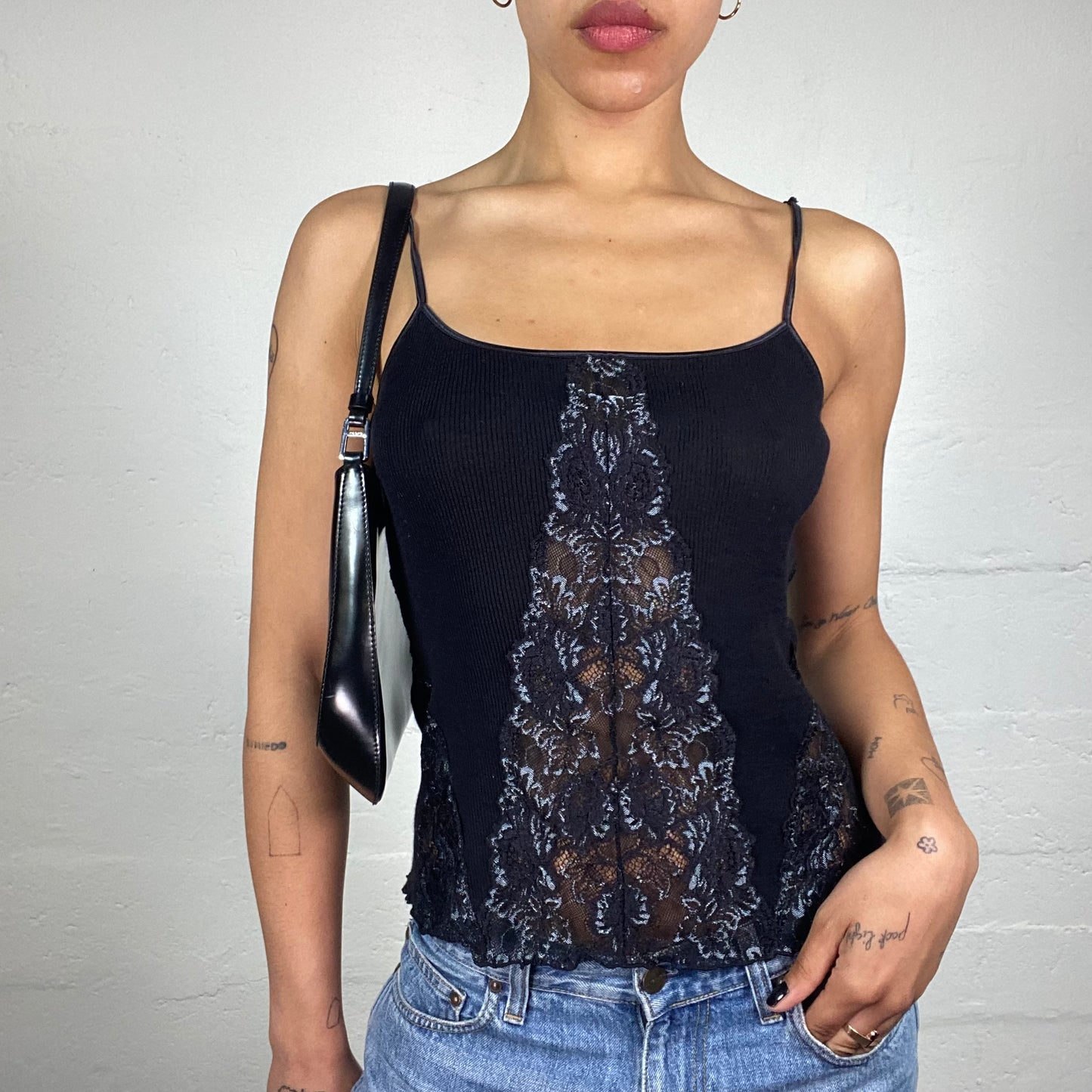 Vintage 2000's Downtown Girl Navy Blue Jersey Cami Top with Lace Detail (S)