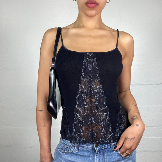 Vintage 2000's Downtown Girl Navy Blue Jersey Cami Top with Lace Detail (S)