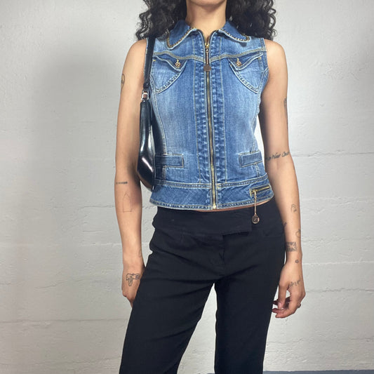 Vintage 2000's Downtown Girl Washed Out Blue Collared Zip Up Denim Vest with Pickets (S)