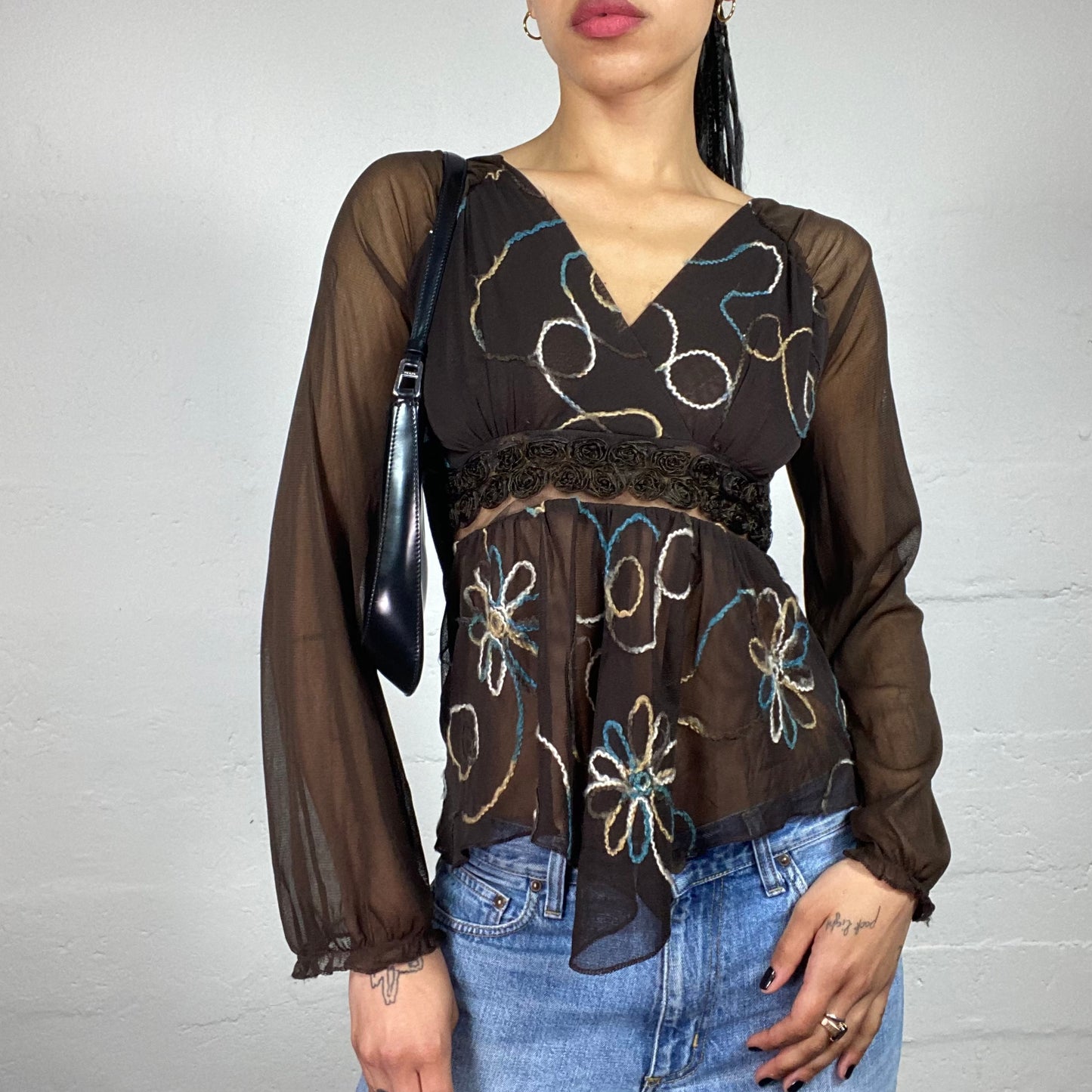 Vintage 2000's Boho Girl Brown Chiffon V-Cut Longsleeve Blouse with Knitted Embroidery (S)