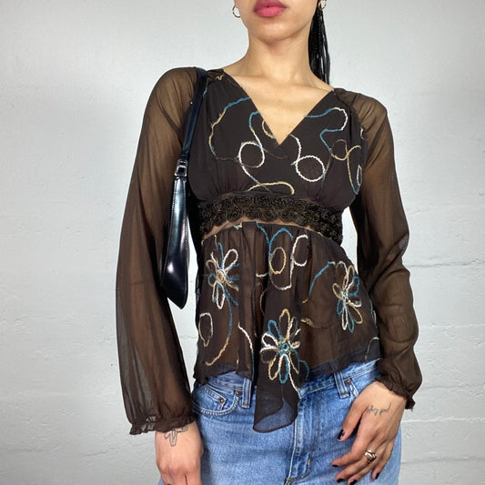 Vintage 2000's Boho Girl Brown Chiffon V-Cut Longsleeve Blouse with Knitted Embroidery (S)