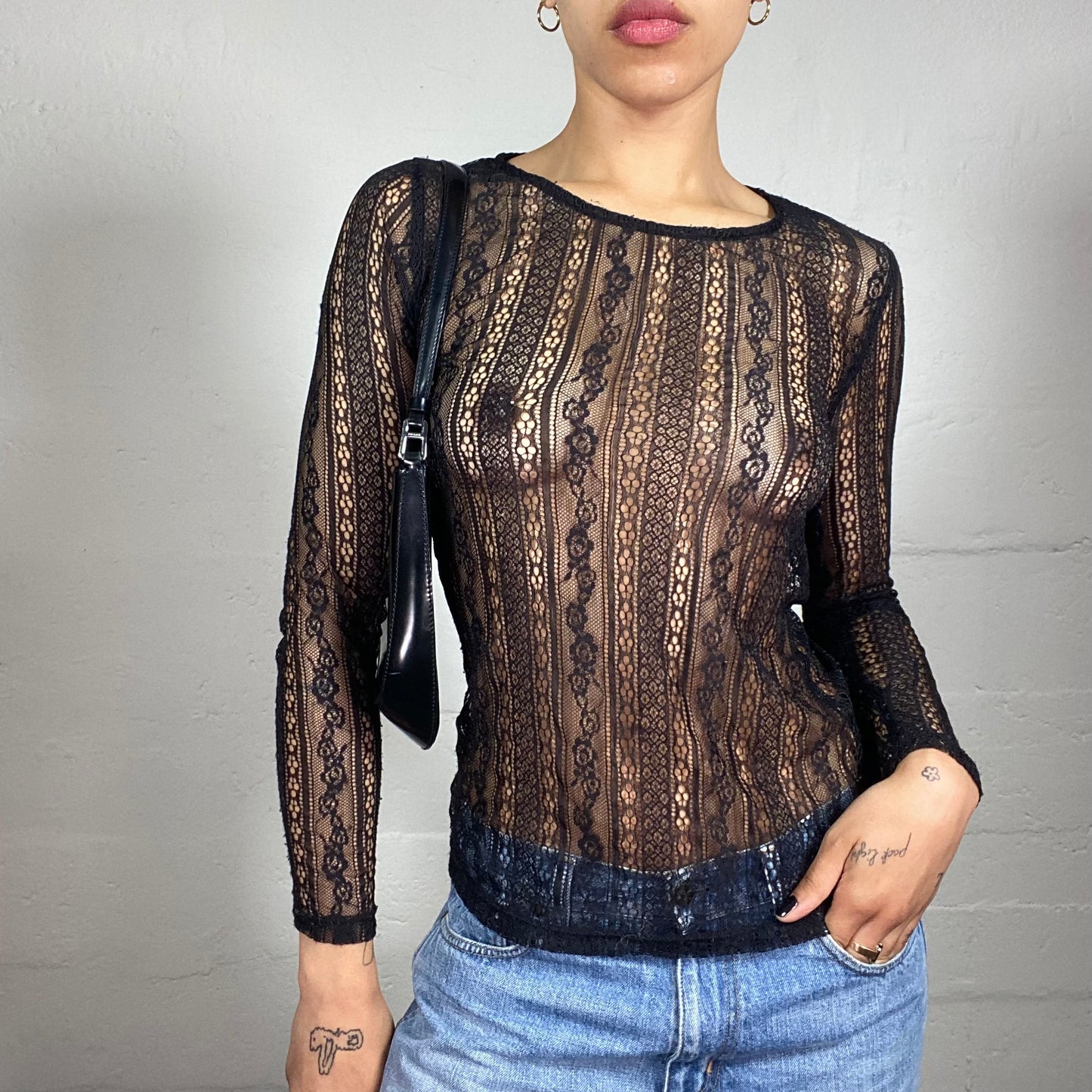 Vintage 2000's Grunge Black See Through Lace Floral Pattern Longsleeve Top (S)