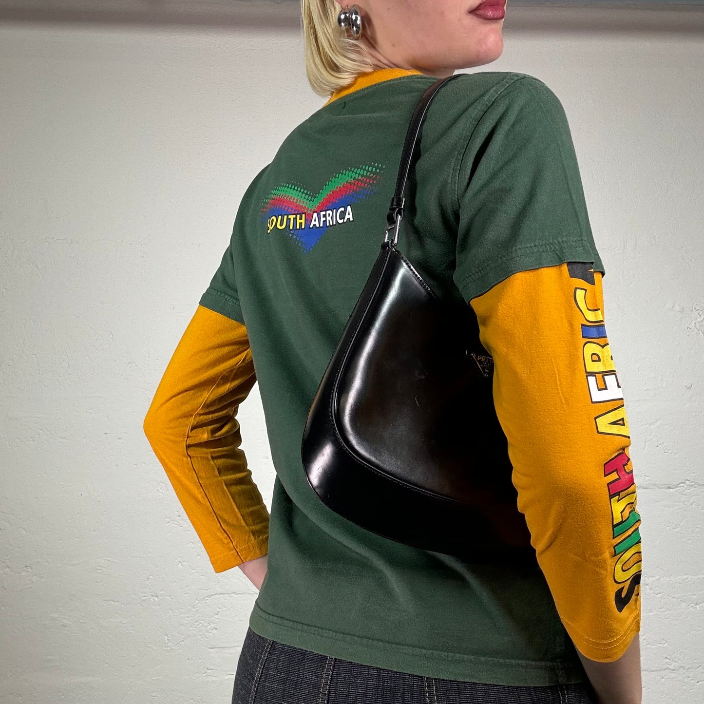 Vintage 2000's Skater Girl Khaki Green and Orange Longsleeve Shirt with Flag Logo and Sleeve Prints (S)