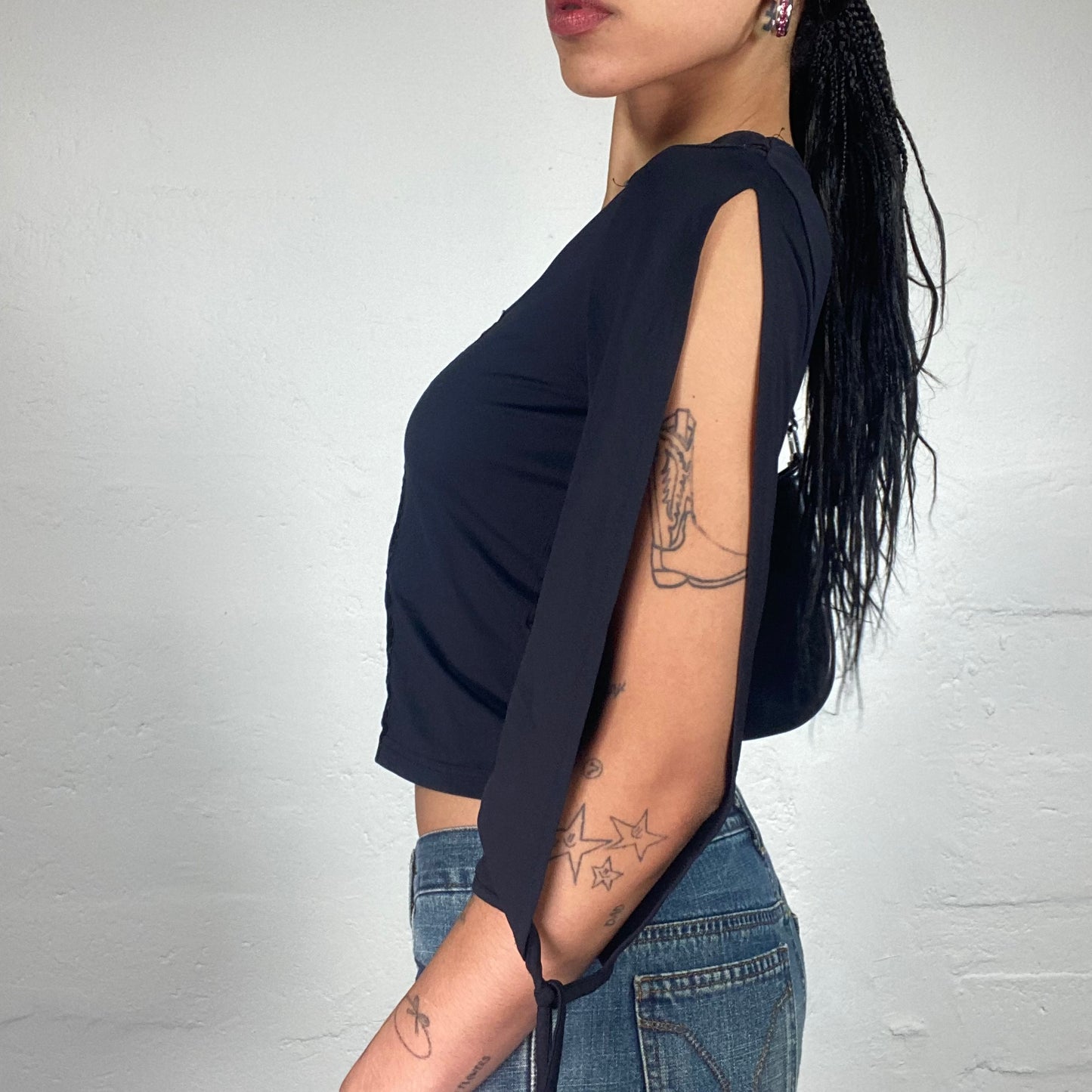 Vintage 2000's Downtown Girl Black 2/4 Sleeve Velour Stripes with Cut Sleeves (M)