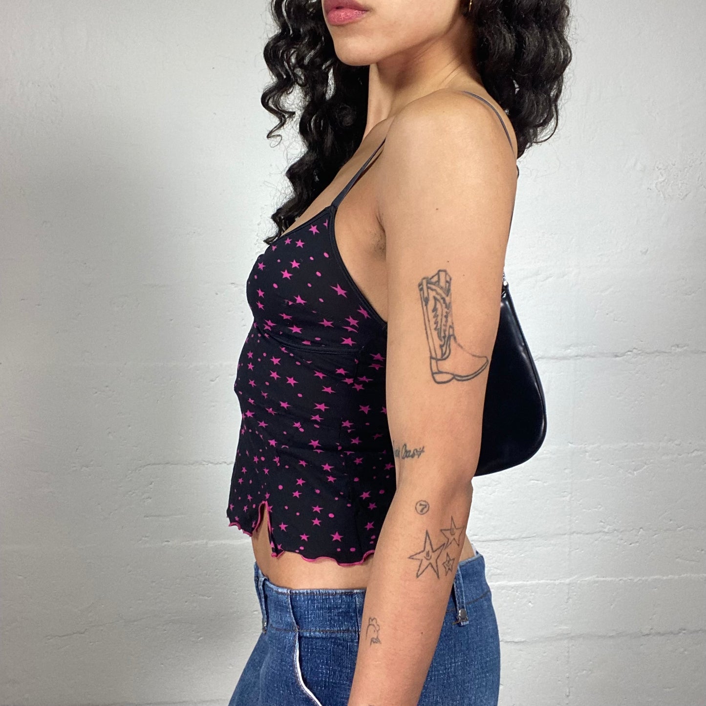Vintage 2000's Downtown Girl Black Cami Top with Side Cut and Pink Floral Print (S)