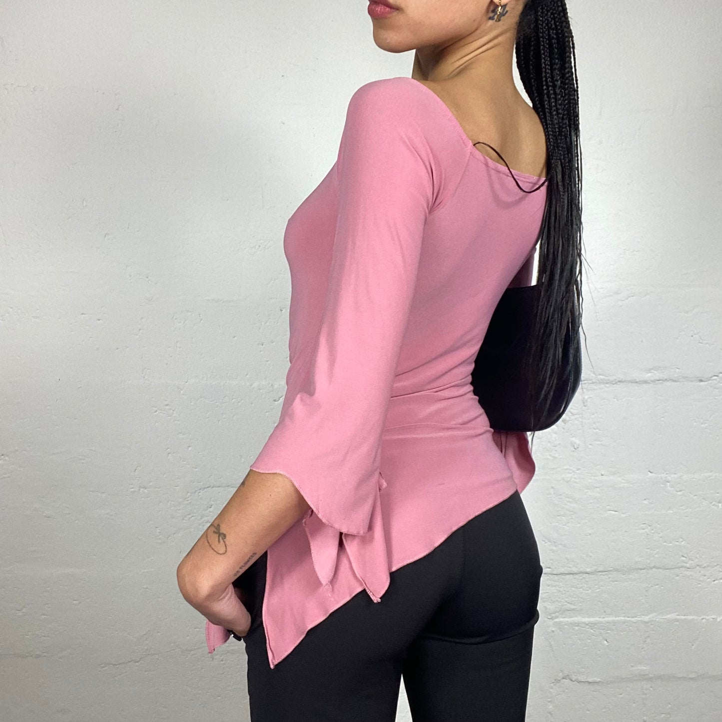 Vintage 2000's Romantic Pink Asymmetric 3/4 Flare Sleeves Long Top with Metal Detail (S)