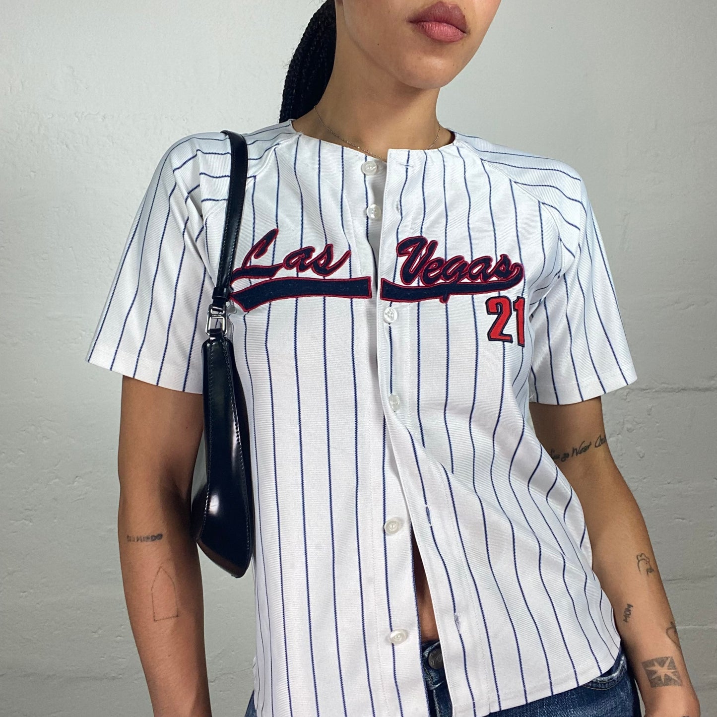 Vintage 2000's Sporty White Shortsleeved Striped Shirt with Las Vegas Embroidery (L)