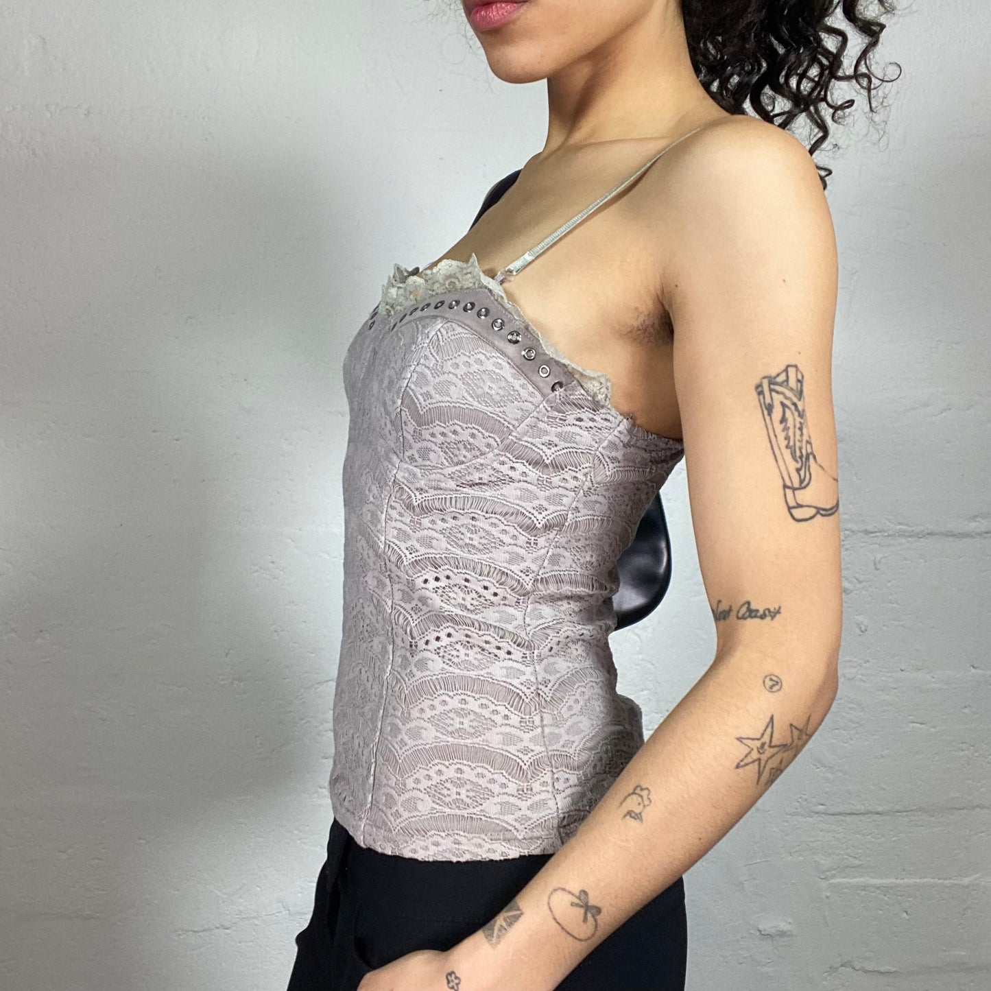 Vintage 2000's Morgan Coquette Beige Lace Printed Cami Corset with Ruffled Lace Trim (S)