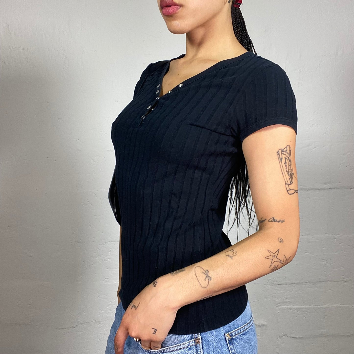 Vintage 2000's Casual Black Striped Jersey Button Up Collar T-Shirt (L)