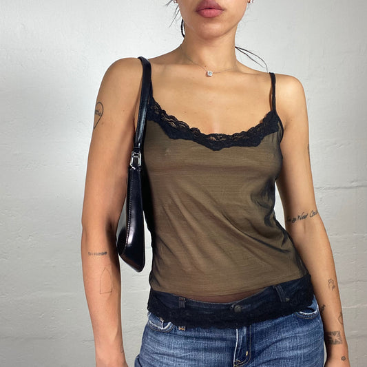 Vintage 2000's Downtown Girl Brown Cami Top with Black Mesh Layer and Black Lace Details (S)