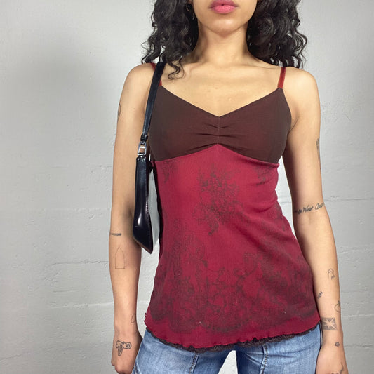 Vintage 2000's Romantic Goth Red and Brown Cami Top with Boho Print (S)