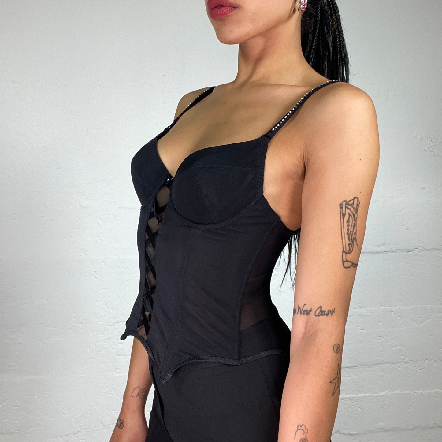 Vintage 2000's Classy Black Silky Lace Up Pointy Trim Corset Top with Mesh Back (S)
