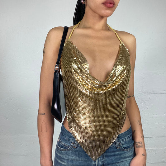 Vintage 2000's Glamorous Golden Clubwear Draped Neckholder Top with Open Back (S)