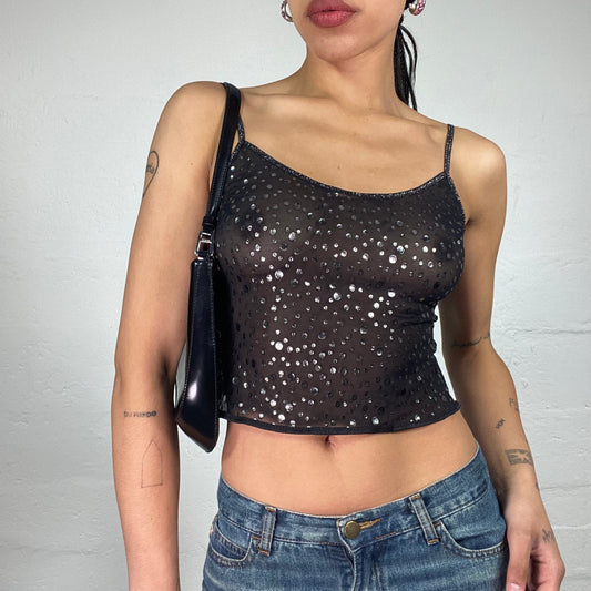 Vintage 2000's Clubwear Black Cropped See Through Top with Silver Shiny Patches and Open Back (S)